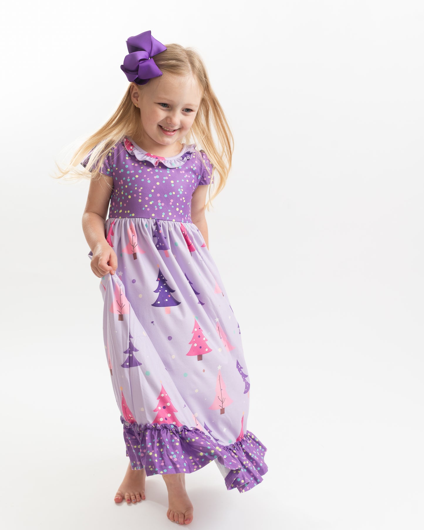 Girls Purple Christmas Tree Holiday Ruffle Lounge Play Gown