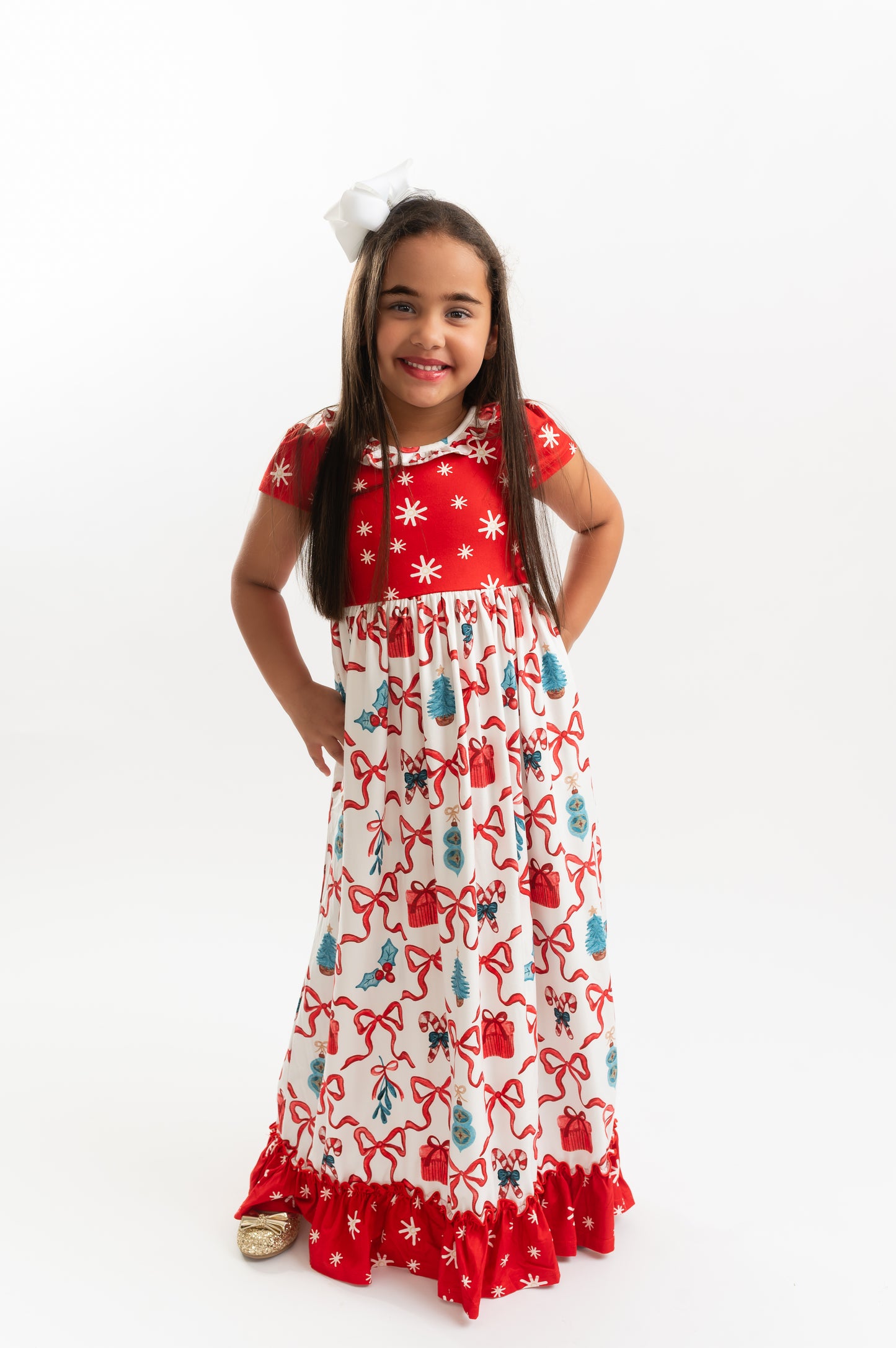 Kids Red Christmas Bow Holiday Ruffle Lounge Play Gown