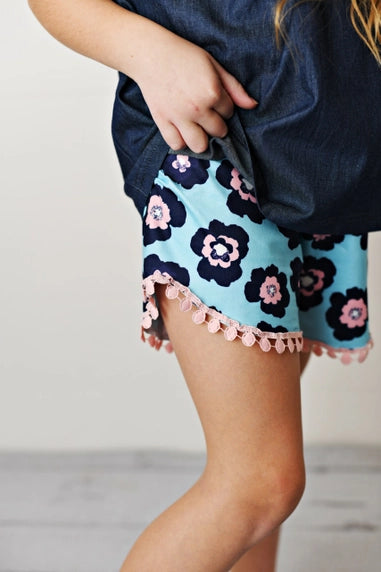 Girls Dark Jean Flower Ruffle Button Spring Two Piece Short Set