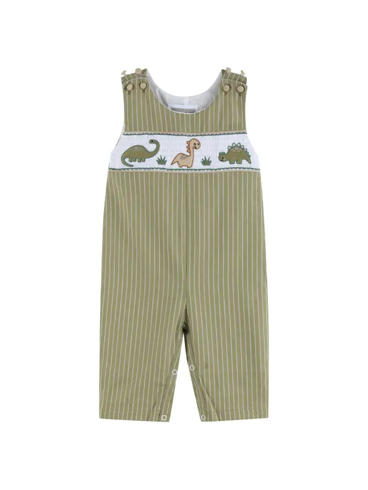 Boys Green Dinosaur Smocked Overalls