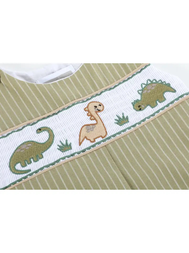 Boys Green Dinosaur Smocked Overalls