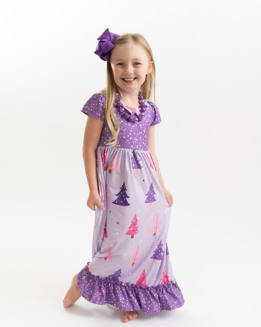 Girls Purple Christmas Tree Holiday Ruffle Lounge Play Gown