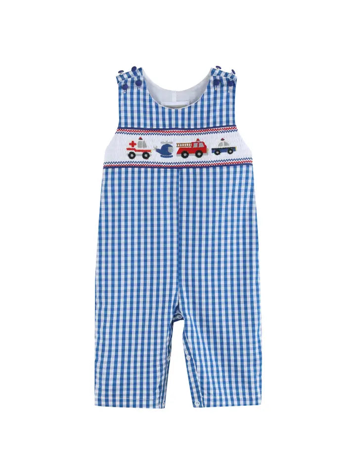 Boys Dark Blue Gingham Emergency Vehicle Smocked Overalls