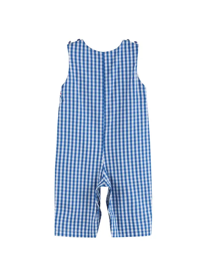 Boys Dark Blue Gingham Emergency Vehicle Smocked Overalls