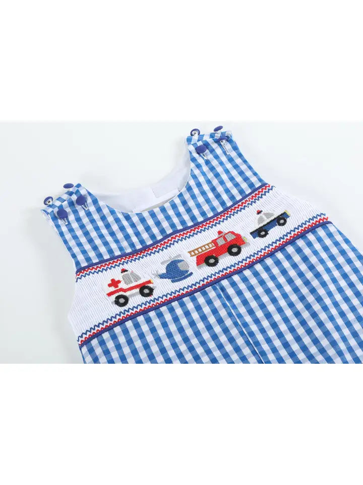 Boys Dark Blue Gingham Emergency Vehicle Smocked Overalls