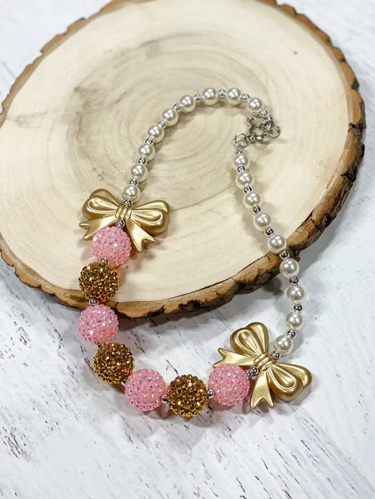 Necklace Fancy Gold and Pink Bow Necklace