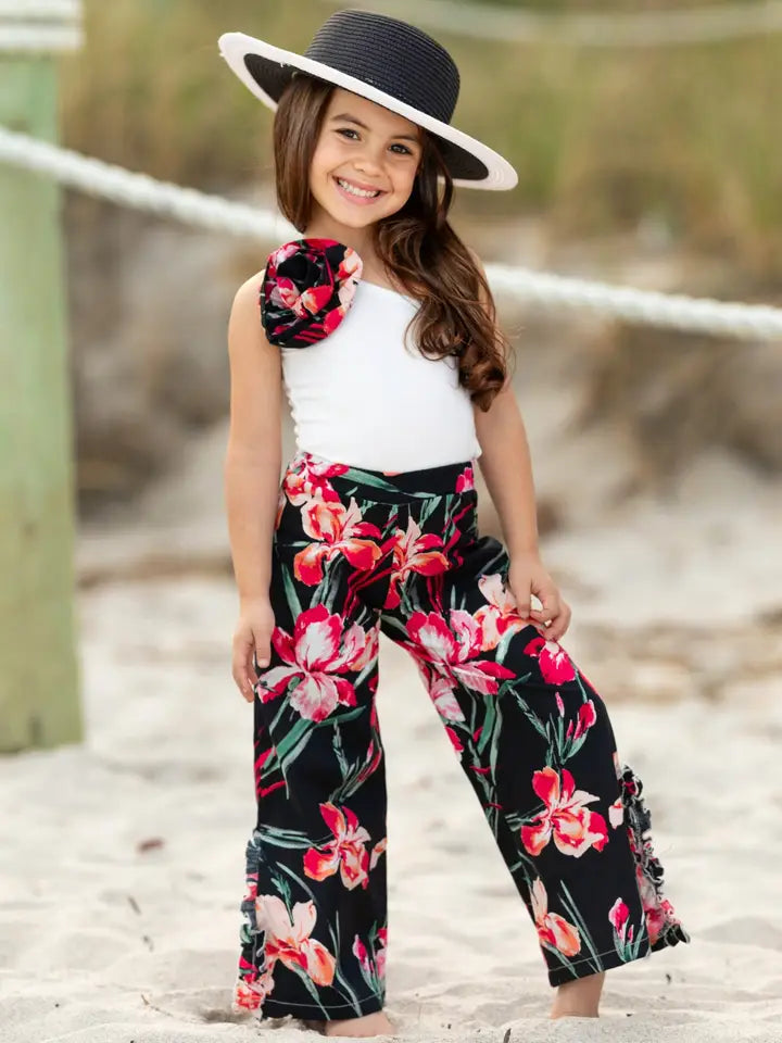 Girls Sweet Blooms One Shoulder Floral Palazzo Pants Set