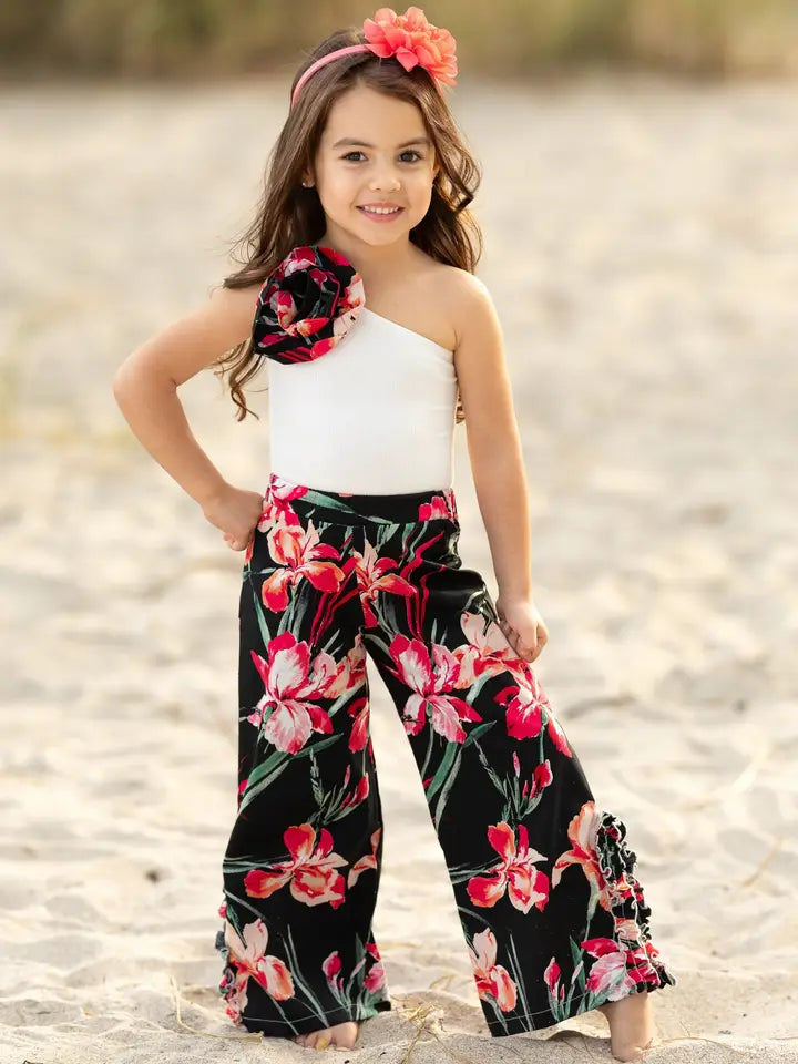 Girls Sweet Blooms One Shoulder Floral Palazzo Pants Set