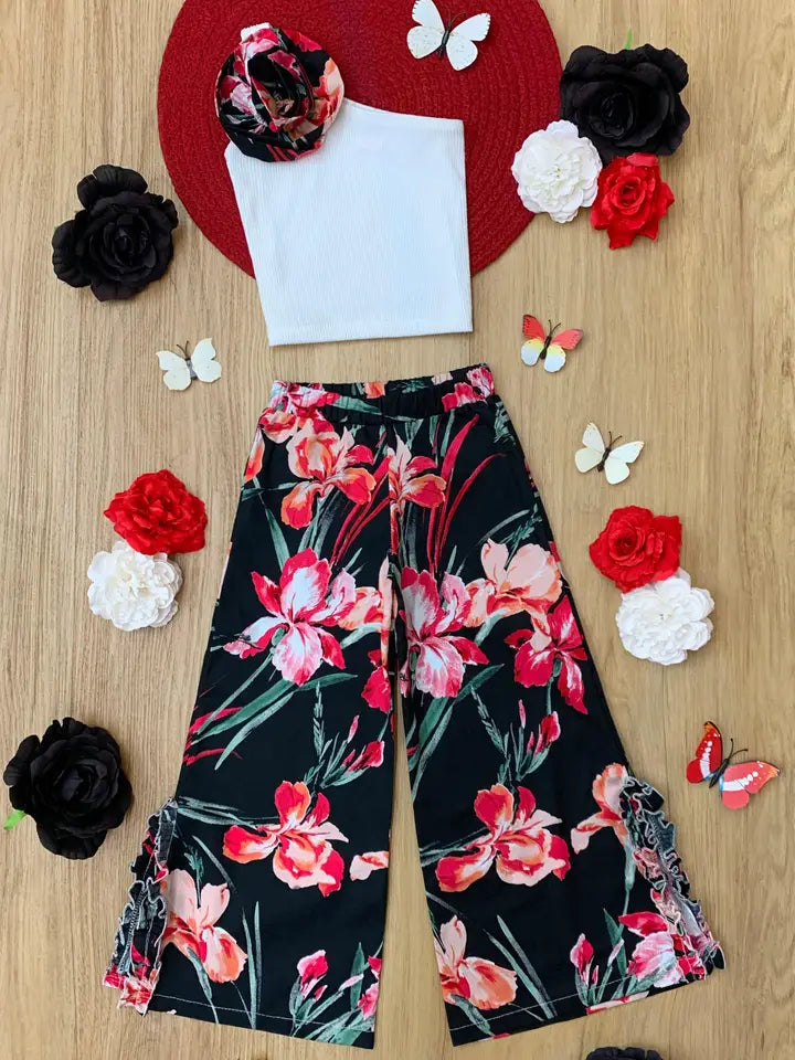 Girls Sweet Blooms One Shoulder Floral Palazzo Pants Set