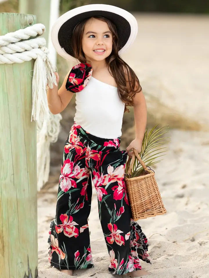 Girls Sweet Blooms One Shoulder Floral Palazzo Pants Set