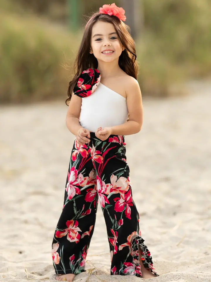 Girls Sweet Blooms One Shoulder Floral Palazzo Pants Set