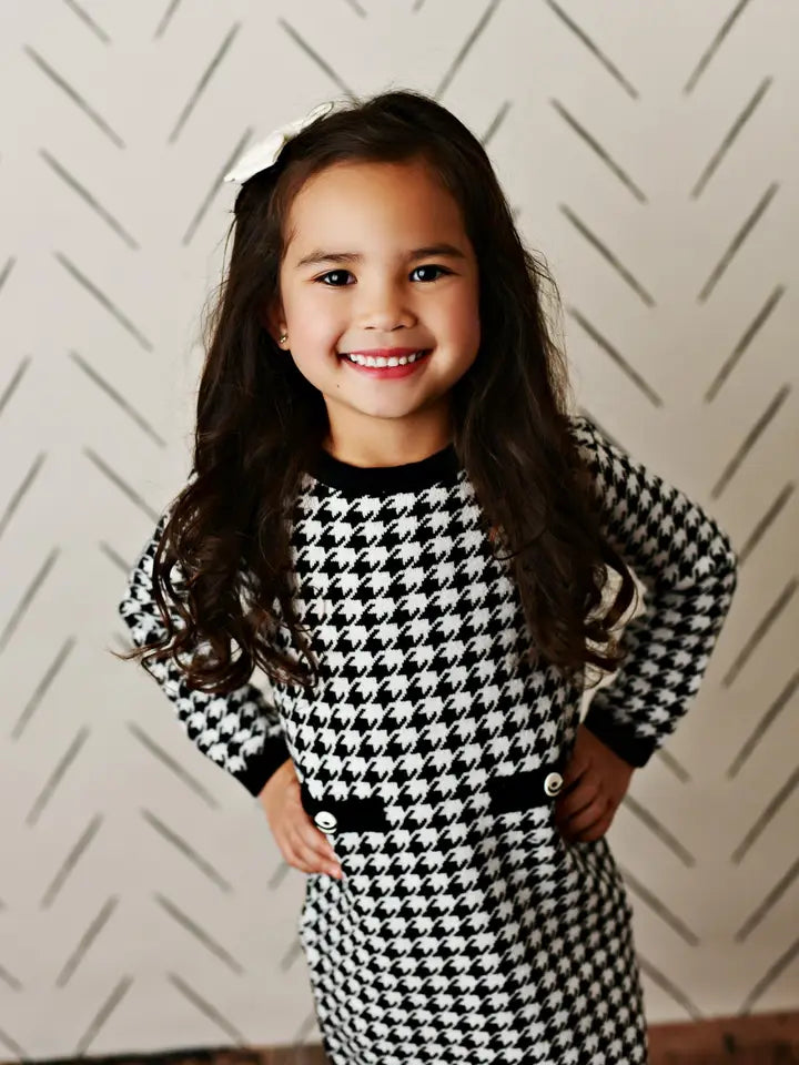 Girls Houndstooth Check Sweater Button Dress