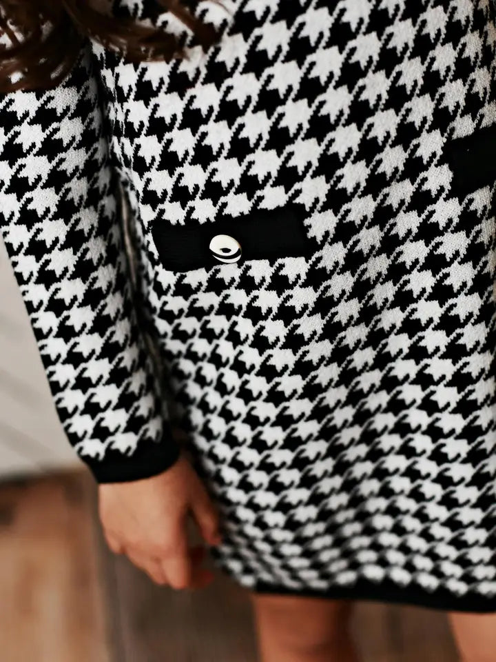 Girls Houndstooth Check Sweater Button Dress