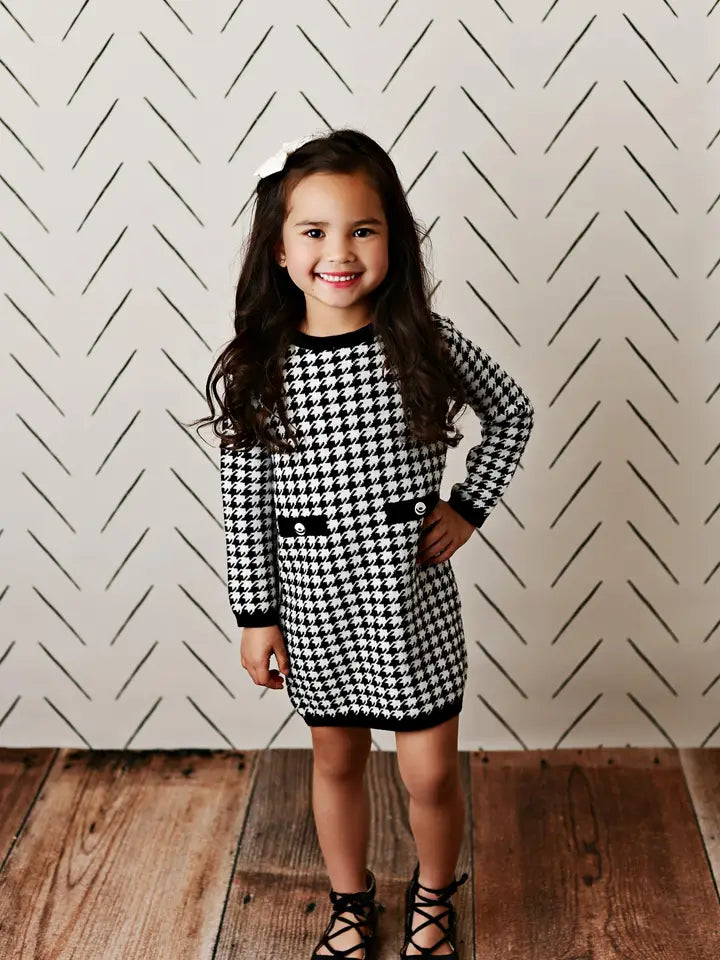 Girls Houndstooth Check Sweater Button Dress