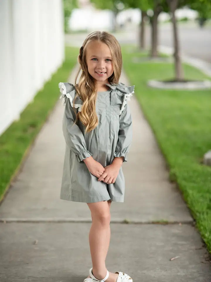 Girls Pin Tuck Sage Green Ruffle Lace Bow Dress