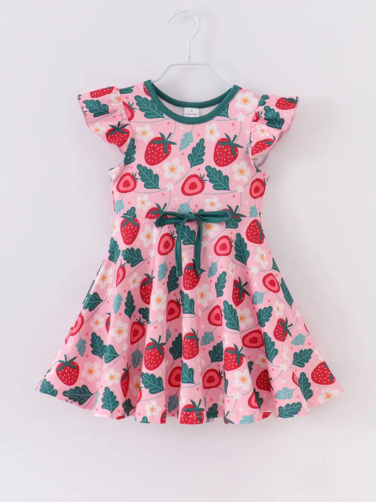 Girls Pink Strawberry Ruffle Twirl Dress