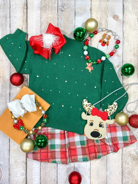 Christmas Green Pearl Sweater with Plaid Skirt