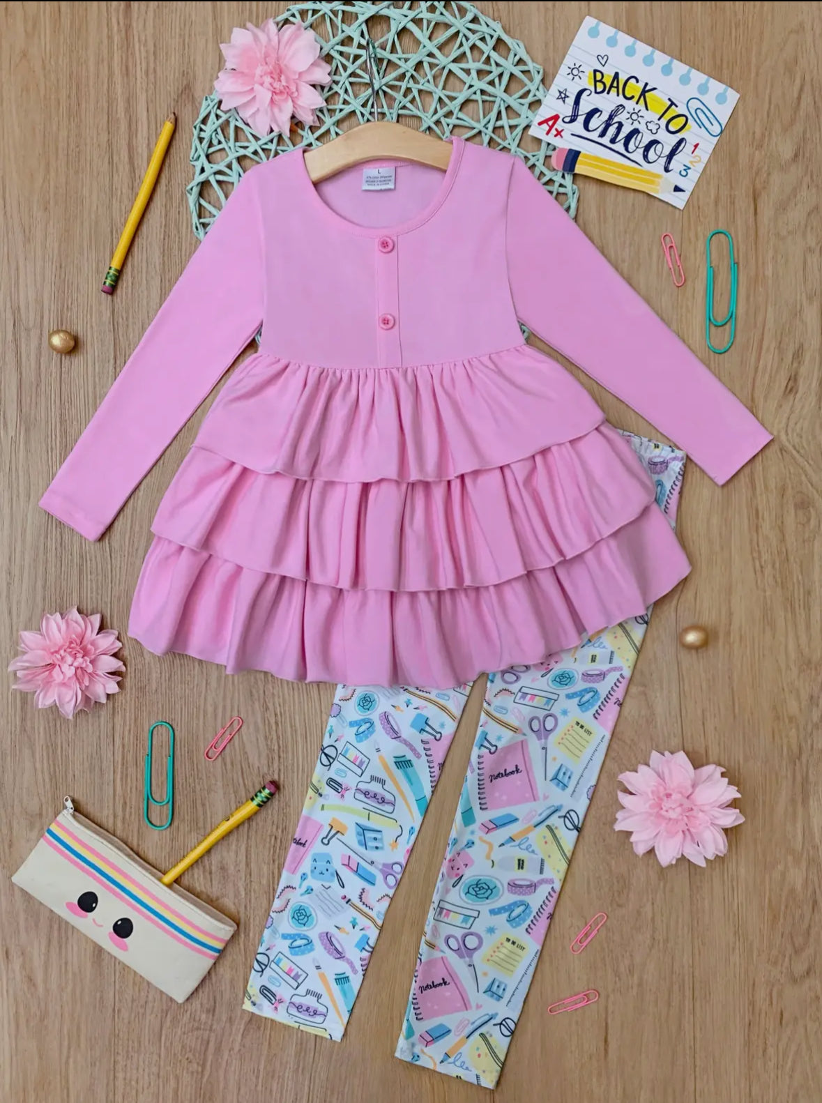 Girls Pink Back to School Pants Set