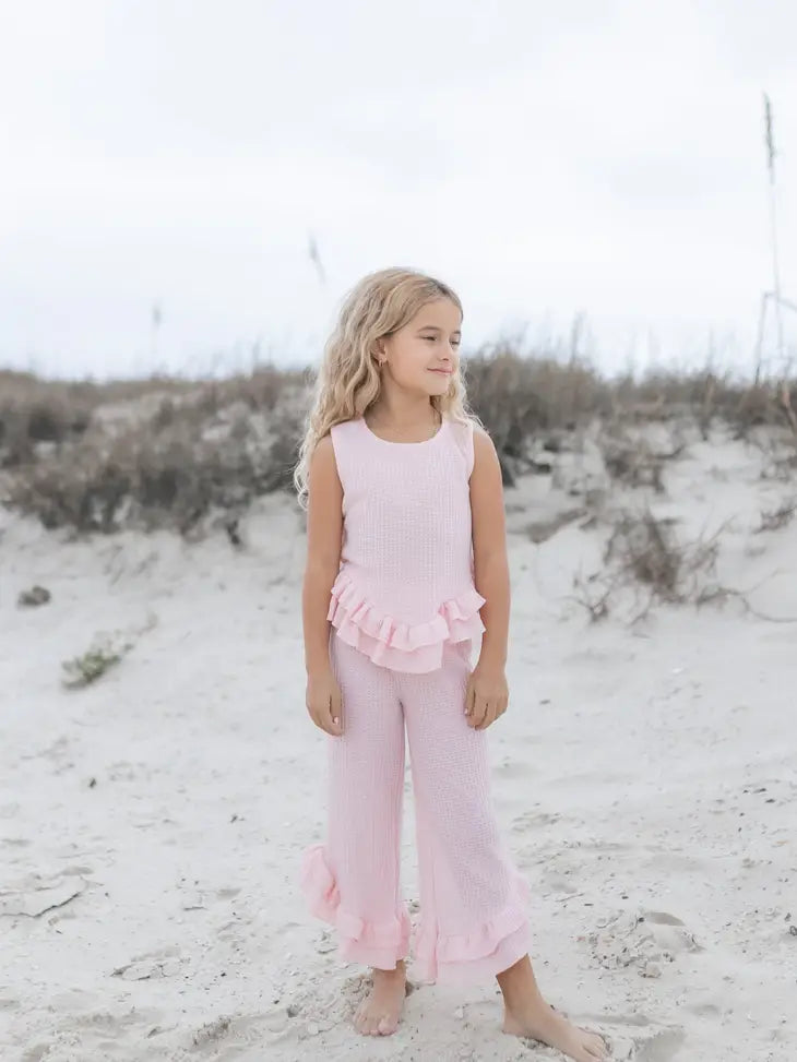 Girls Pink Ruffle Waffle Knit Spring Summer Set