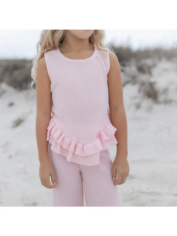 Girls Pink Ruffle Waffle Knit Spring Summer Set