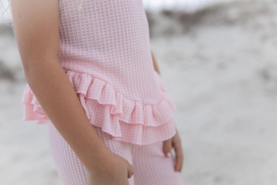 Girls Pink Ruffle Waffle Knit Spring Summer Set