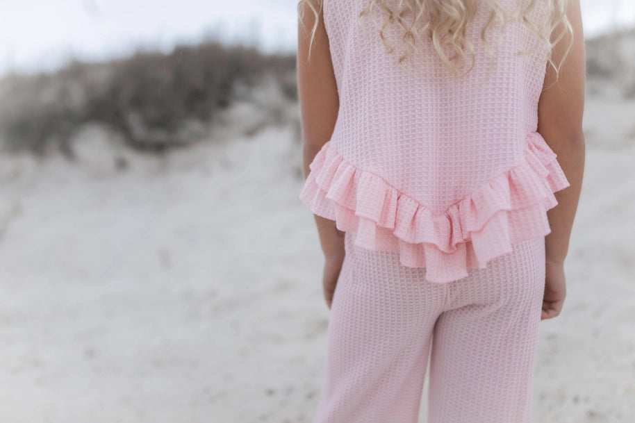 Girls Pink Ruffle Waffle Knit Spring Summer Set