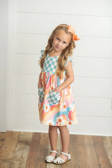 Girls Rainbow Retro Check Daisy Pocket Twirl Dress