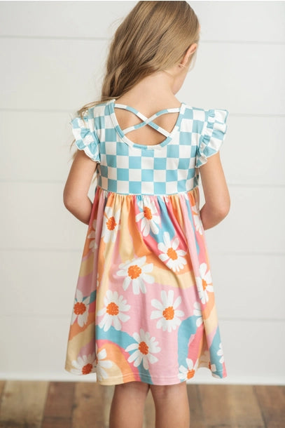 Girls Rainbow Retro Check Daisy Pocket Twirl Dress