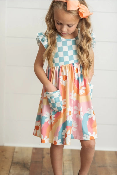 Girls Rainbow Retro Check Daisy Pocket Twirl Dress