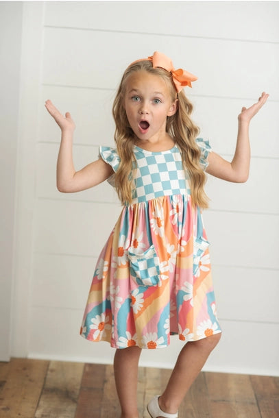 Girls Rainbow Retro Check Daisy Pocket Twirl Dress