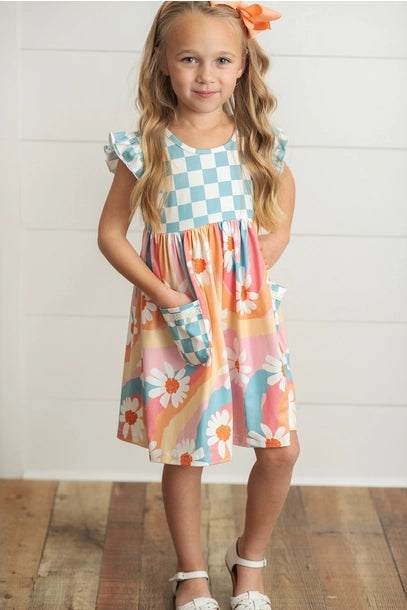 Girls Rainbow Retro Check Daisy Pocket Twirl Dress