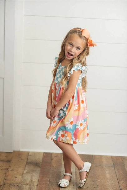 Girls Rainbow Retro Check Daisy Pocket Twirl Dress