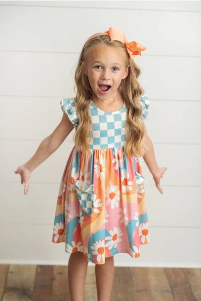 Girls Rainbow Retro Check Daisy Pocket Twirl Dress