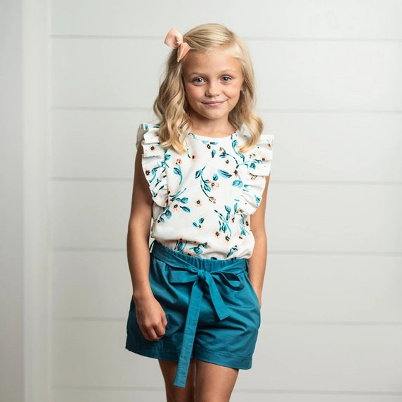 Girls White & Teal Floral Ruffle Spring Summer Short Set