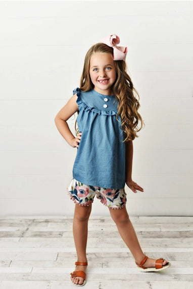 Girls Jean Floral Ruffle Button Summer Two Piece Short Set