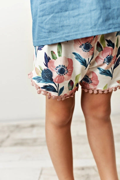 Girls Jean Floral Ruffle Button Summer Two Piece Short Set