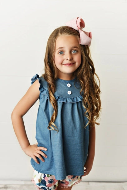 Girls Jean Floral Ruffle Button Summer Two Piece Short Set