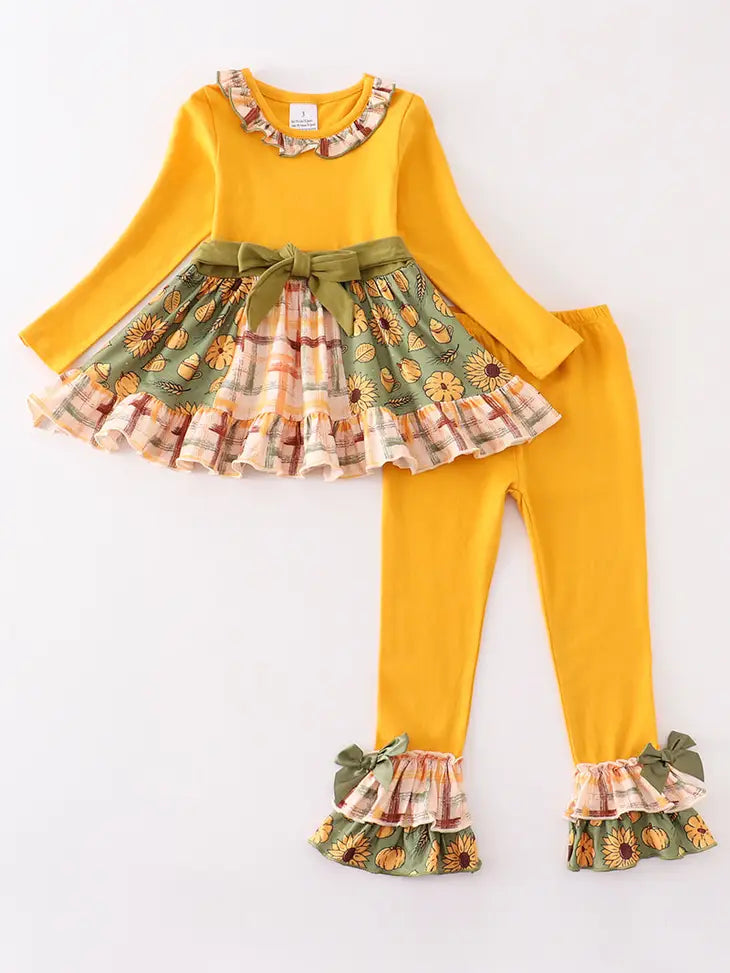 Last One: Girls Mustard Floral Print Ruffle Set