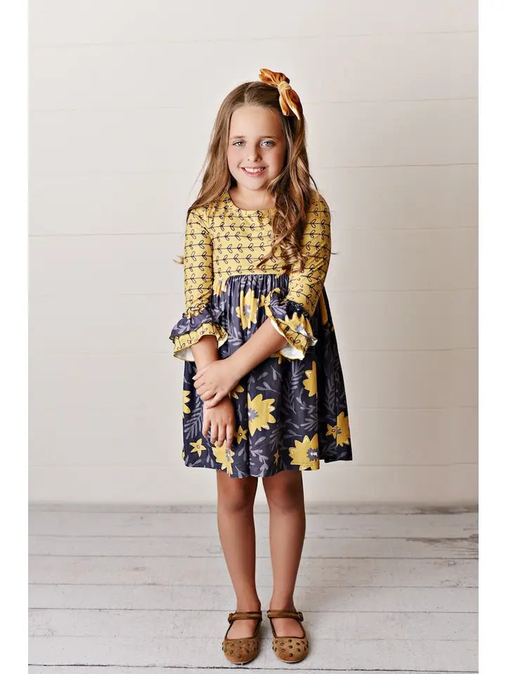 Girls Mustard Twirl Long Sleeve Dress