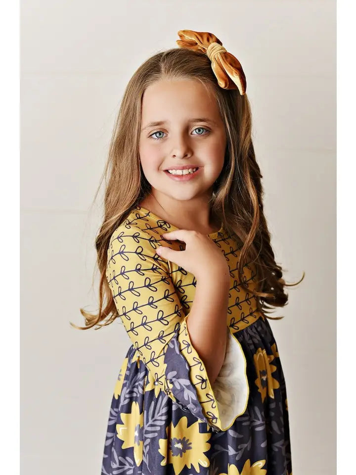 Girls Mustard Twirl Long Sleeve Dress