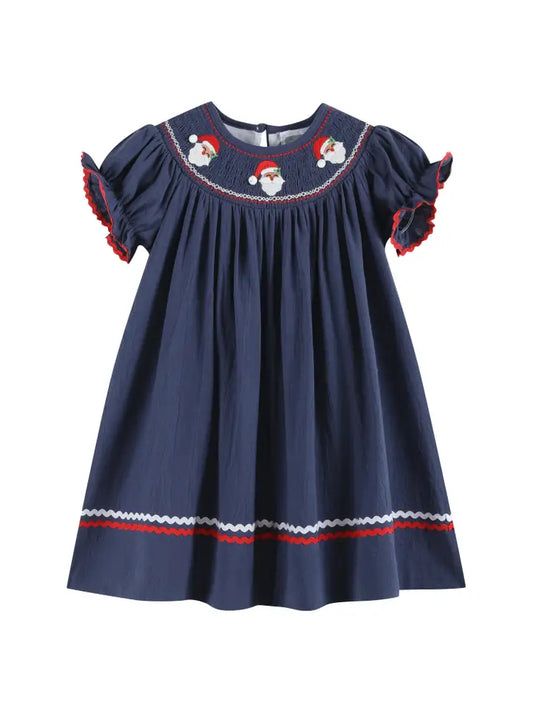 Girls Navy Blue Santa Smocked Bishop Dress