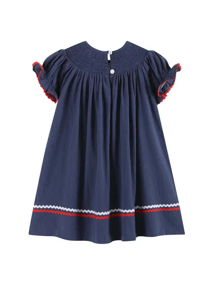 Girls Navy Blue Santa Smocked Bishop Dress