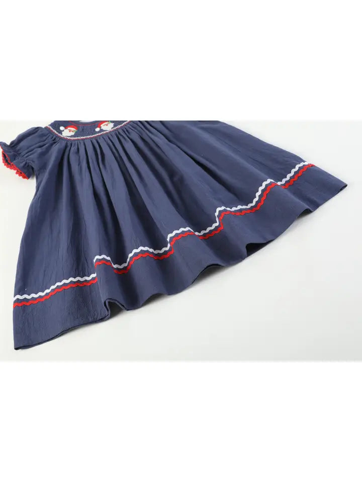 Girls Navy Blue Santa Smocked Bishop Dress