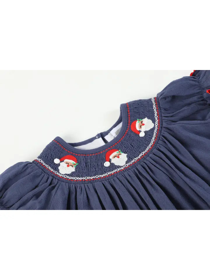 Girls Navy Blue Santa Smocked Bishop Dress