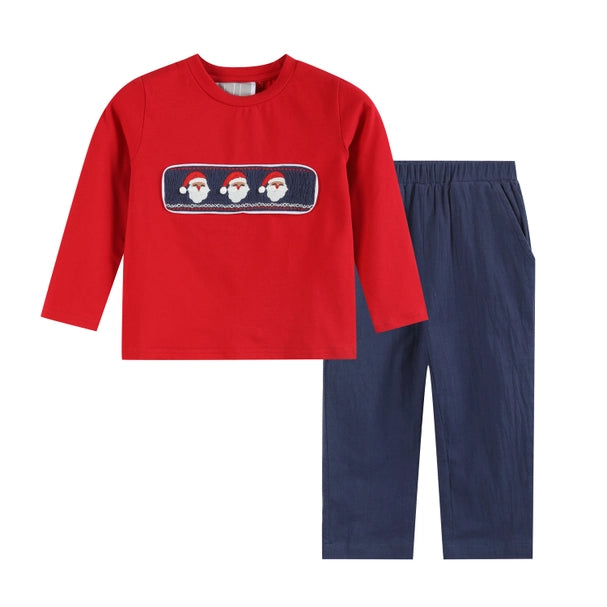 Boys Red Santa Smocked Shirt and Navy Pants Set