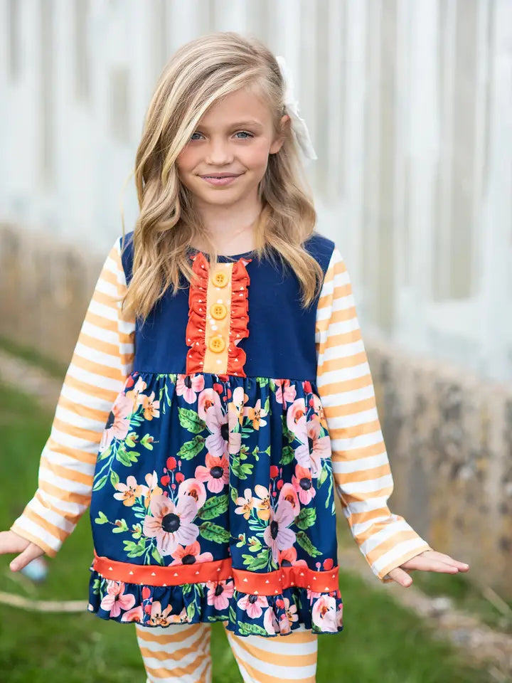 Girls Navy & Mustard Stripe Ruffle Button Set