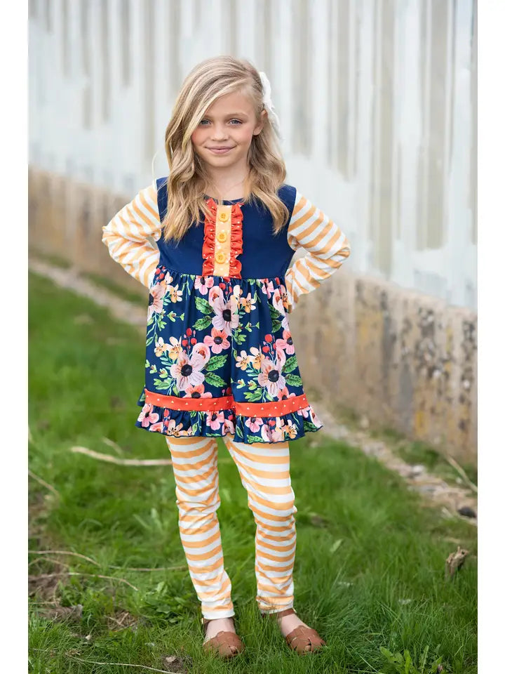 Girls Navy & Mustard Stripe Ruffle Button Set