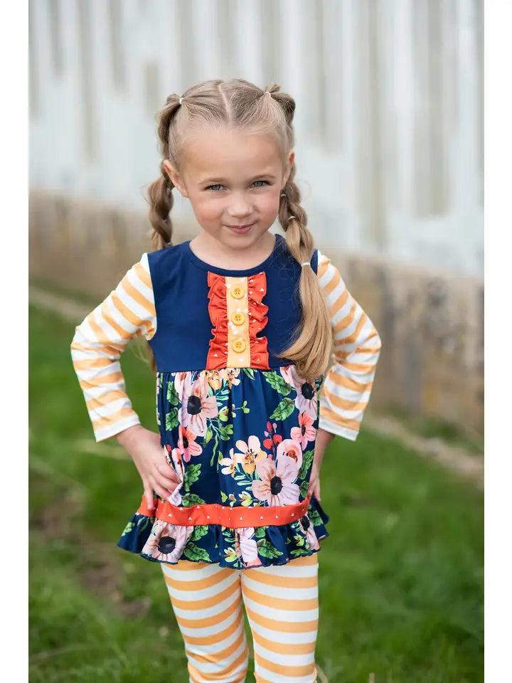 Girls Navy & Mustard Stripe Ruffle Button Set