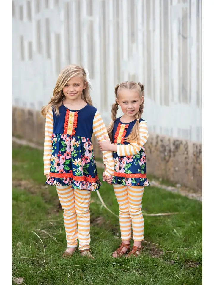 Girls Navy & Mustard Stripe Ruffle Button Set