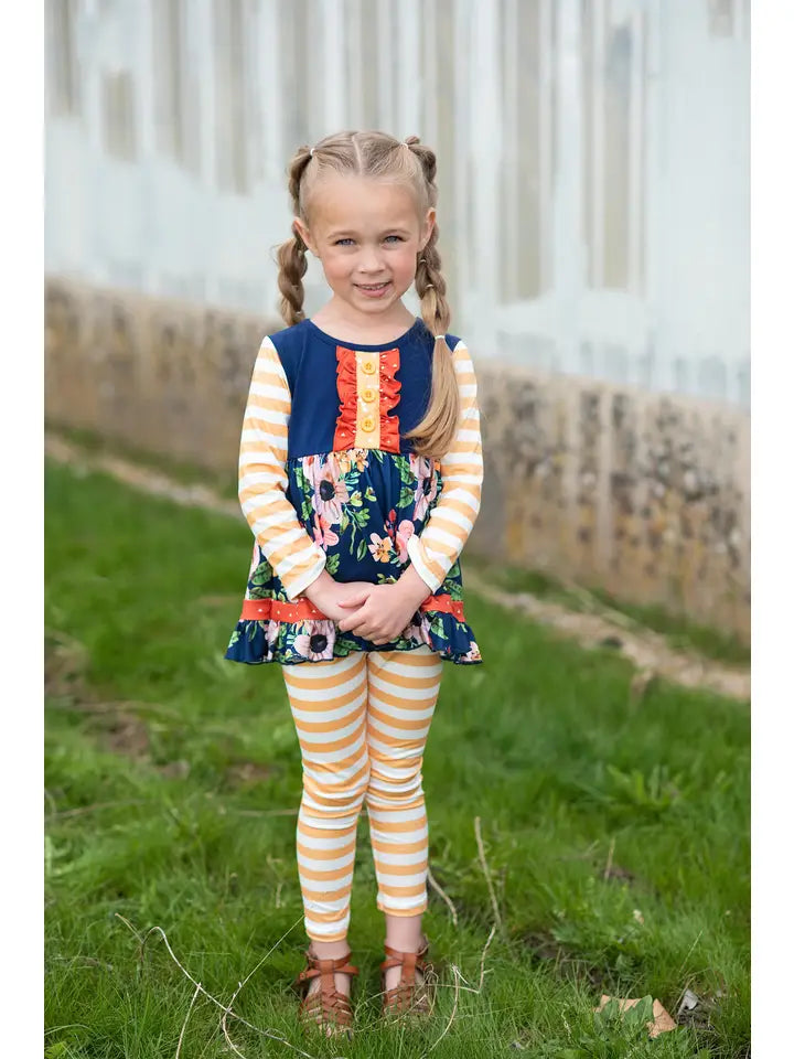 Girls Navy & Mustard Stripe Ruffle Button Set